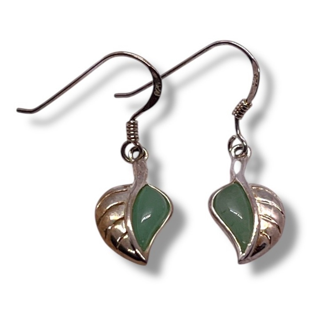 Vintage Leaf Pierced Earrings Jade Green and Sterling Silver Signed 925 Hooks